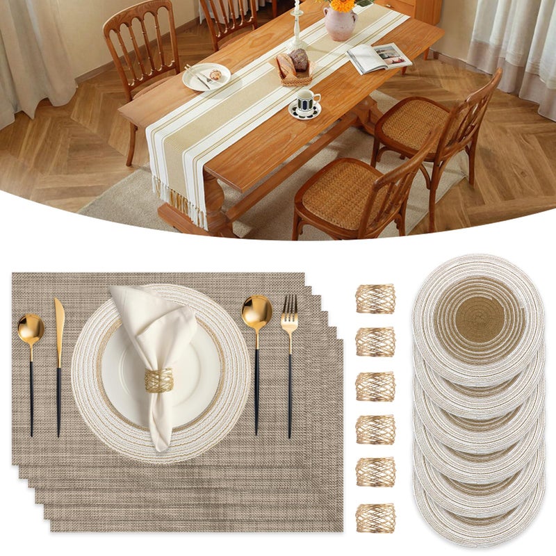 SK Studio 19Pcs Boho Table Runner Placemat and Napkin Ring Set Rectangle and Round Meal Mats Macrame Table Runner with Tassels for Wedding Kitchen Dining, Beige - Image 1