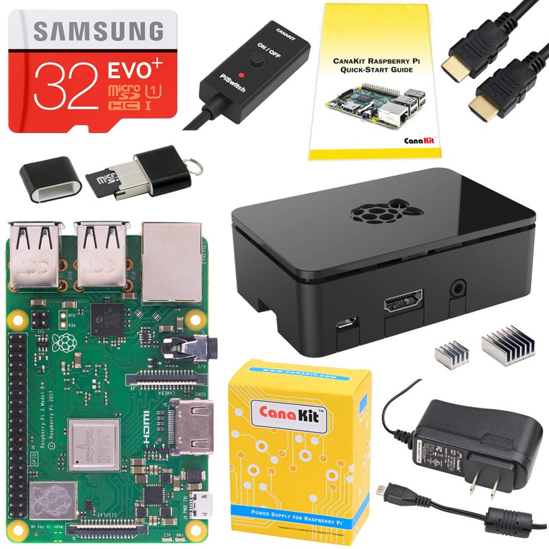 مجموعة بدء تشغيل CanaKit Raspberry Pi 3 B+ (B بلس) (32 جيجابايت EVO+، علبة سوداء مميزة)