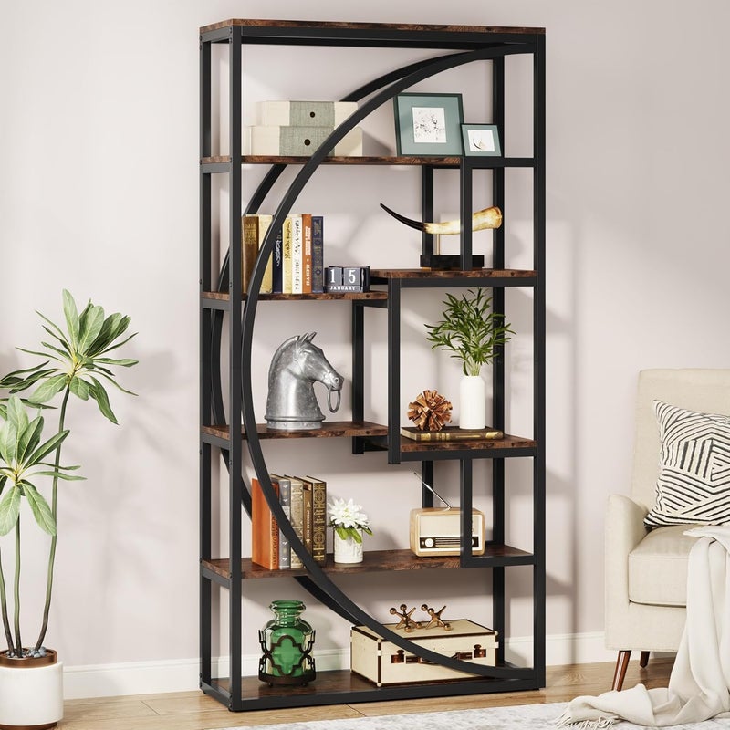 Tribesigns Bookshelf, Industrial 5-Tier Etagere Bookcase, 180cm Tall Bookshelf with 8 Open Storage Shelf, Book Shelf Display Tack Shelving Unit for Home Office Living Room, Rustic Brown - Image 1