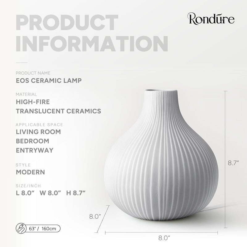 مصباح طاولة سيراميك RONDURE 8.7 بوصة، تصميم حديث لغرفة النوم، غرفة المعيشة، طاولة السرير الجانبية وطاولة النهاية، عاكس ضوء سيراميك أبيض شفاف محروق في الفرن، إضاءة مميزة، ديكور المنزل - Image 3