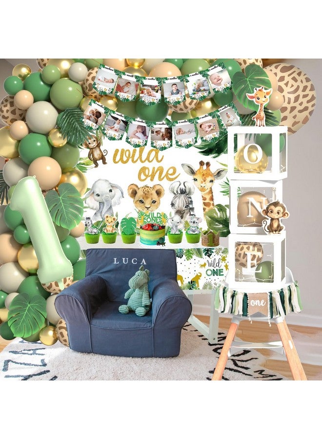Janinus Wild One Birthday Decorations - Number 1 Balloons Sets for 1st Birthday Decorations with Sage Green Balloons Arch Kit ONE Box Jungle Safari Boys First Birthday Decor One Birthday Party Supplies - Image 4