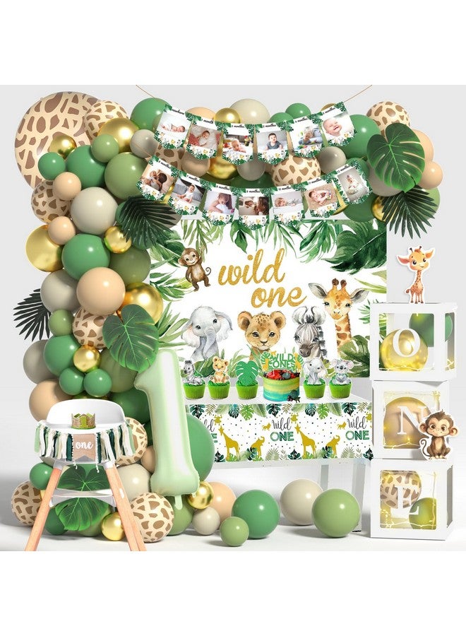 Janinus Wild One Birthday Decorations - Number 1 Balloons Sets for 1st Birthday Decorations with Sage Green Balloons Arch Kit ONE Box Jungle Safari Boys First Birthday Decor One Birthday Party Supplies - Image 1