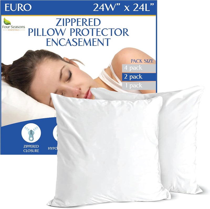 Four Seasons Essentials واقيات وسادة بحجم يورو (مجموعة من 2) - أغطية وسادة مربعة أوروبية مقاس 24x24 بوصة مقاومة للماء ومضادة للحساسية ومقاومة للغبار بسحاب - Image 1