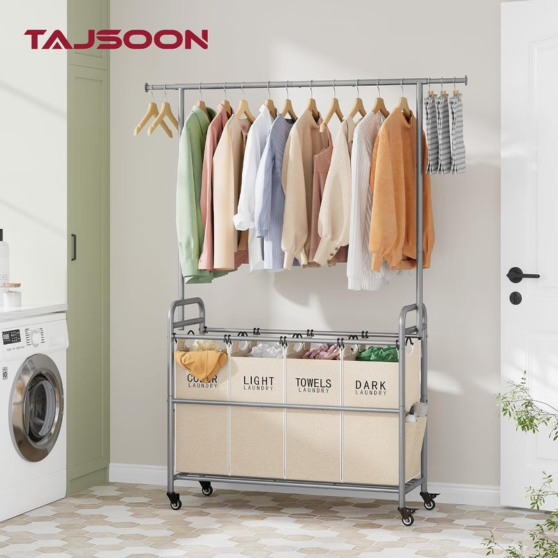 Tajsoon سلة الملابس من مع رف لتعليق الملابس، عربة تصنيف الملابس مكونة من 4 أقسام، 4 سلال تنظيم من نوع “Butler Sorter Basket Organizer” مزودة بعجلات قابلة للقفل وحقيبة قابلة للإزالة، عربة ملابس دوارة لغرفة النوم، بلون بيج - Image 2