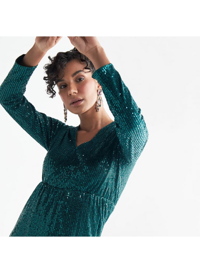 Splash FAV All-Over Embellished V-neck Dress with Long Sleeves  - Image 3