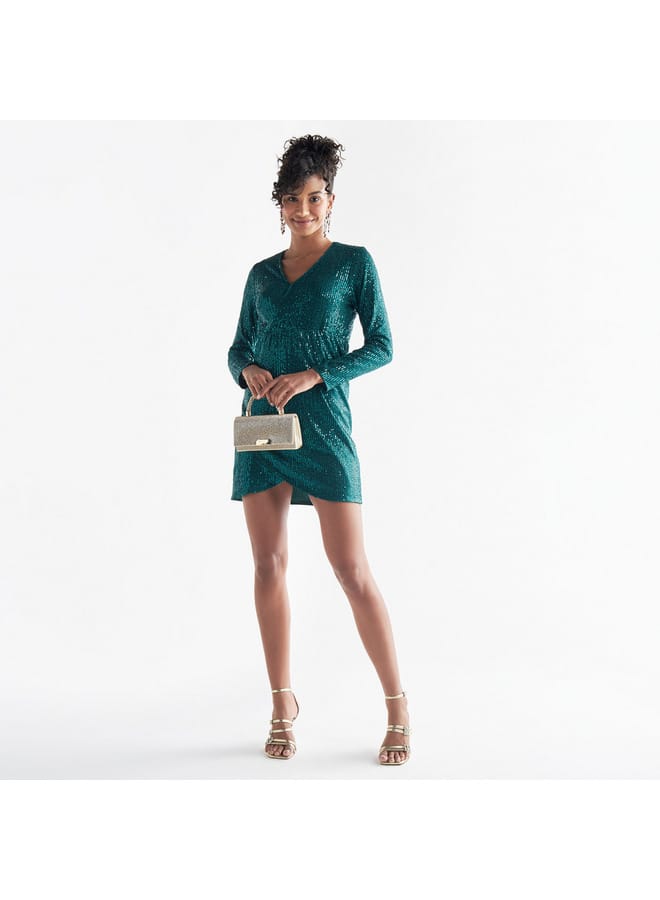 Splash FAV All-Over Embellished V-neck Dress with Long Sleeves  - Image 2