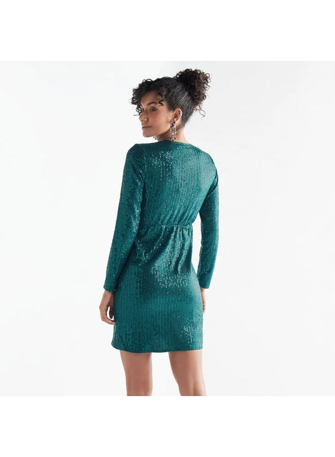 Splash FAV All-Over Embellished V-neck Dress with Long Sleeves