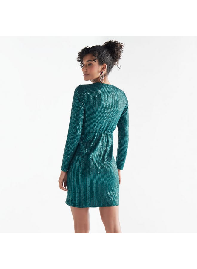 Splash FAV All-Over Embellished V-neck Dress with Long Sleeves  - Image 4