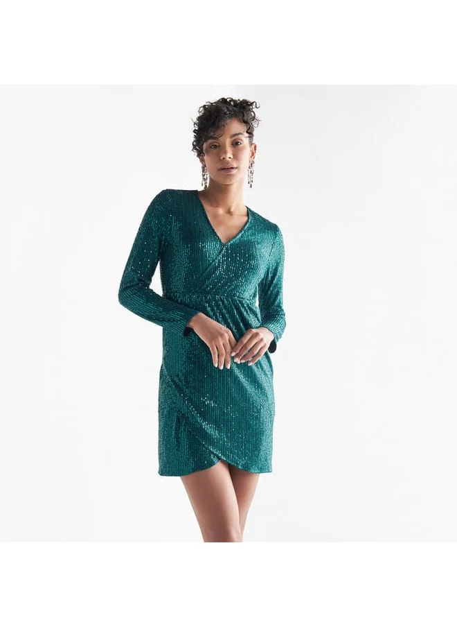 FAV All-Over Embellished V-neck Dress with Long Sleeves