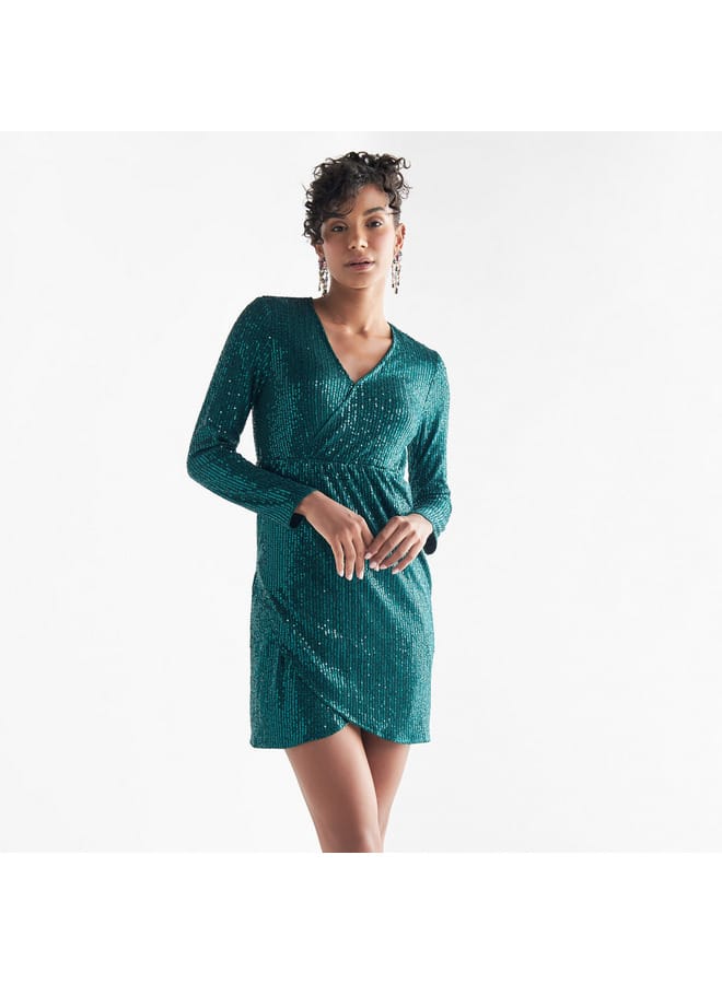 Splash FAV All-Over Embellished V-neck Dress with Long Sleeves  - Image 1