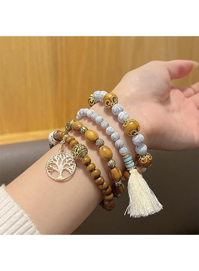 Lemon Tree of Life Bracelets, for Women Bohemian Stretch Wood Beaded Bracelets, Boho Tassel Bracelet Multilayer Stackable Bracelets - Image 3