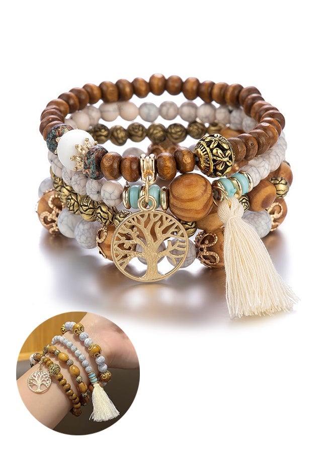 Lemon Tree of Life Bracelets, for Women Bohemian Stretch Wood Beaded Bracelets, Boho Tassel Bracelet Multilayer Stackable Bracelets - Image 1