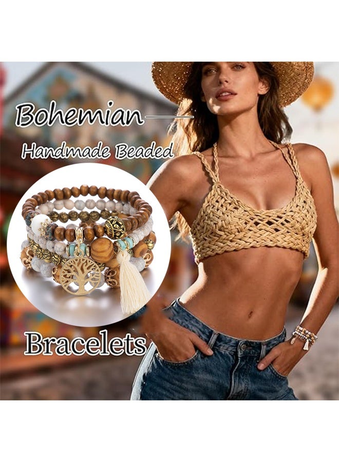 Lemon Tree of Life Bracelets, for Women Bohemian Stretch Wood Beaded Bracelets, Boho Tassel Bracelet Multilayer Stackable Bracelets - Image 5