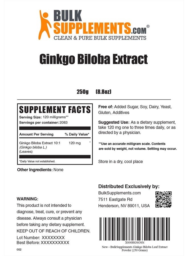 BULKSUPPLEMENTS.COM مسحوق مستخلص الجنكو بيلوبا - مستخلص أوراق الجنكو - مكملات الجنكو بيلوبا - الجنكو بيلوبا 120 ملغ - مسحوق الجنكو بيلوبا - خالي من الغلوتين، 120 ملغ لكل حصة (250 جرام - 8.8 أونصة) - Image 2