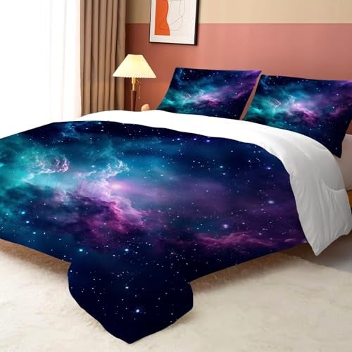 FUYEUN Blue Galaxy Comforter Set Twin Size Space Bedding for Kids Girls Teen Bedroom Decor Moon Cloud Starry Sky Glitter Star Quilt Bed Sets, 1 Comforter 1 Pillowcase - Image 4