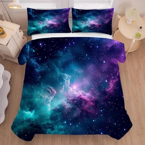 FUYEUN Blue Galaxy Comforter Set Twin Size Space Bedding for Kids Girls Teen Bedroom Decor Moon Cloud Starry Sky Glitter Star Quilt Bed Sets, 1 Comforter 1 Pillowcase - Image 1