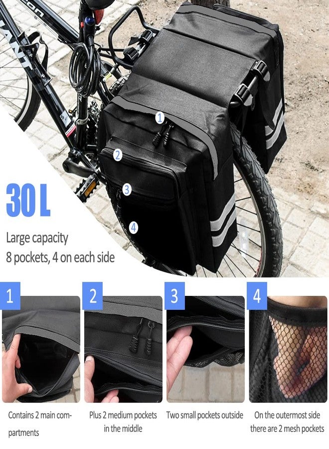 KLERICER Bike Rear Rack Double Pannier Bag, 30L Waterproof Bicycle Trunk Bag, Bike Pannier Bag with Reflective Trim, for Grocery Shopping Commuter Long Cycling Trip (Black) - Image 3