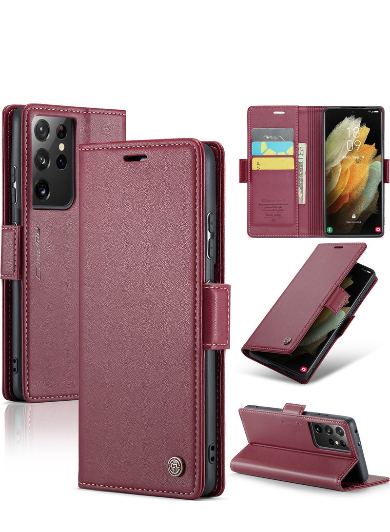 CaseMe Flip Wallet Case For Samsung Galaxy S21 Ultra, [RFID Blocking] PU Leather Wallet Flip Folio Case with Card Holder Kickstand Shockproof Phone Cover (Red) - Image 2