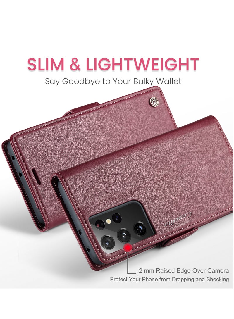 CaseMe Flip Wallet Case For Samsung Galaxy S21 Ultra, [RFID Blocking] PU Leather Wallet Flip Folio Case with Card Holder Kickstand Shockproof Phone Cover (Red) - Image 3