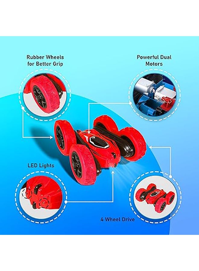 فنفي FUNFY سباق حيلة RC لعبة سيارة مع 4WD | أحمر | مع دوران 360 درجة ، على الطرق الوعرة ، محرك جانبي مزدوج ، إطارات فراغ مضادة للانزلاق لامتصاص الصدمات وبطارية قابلة لإعادة الشحن للأطفال والكبار والهدايا - Image 2