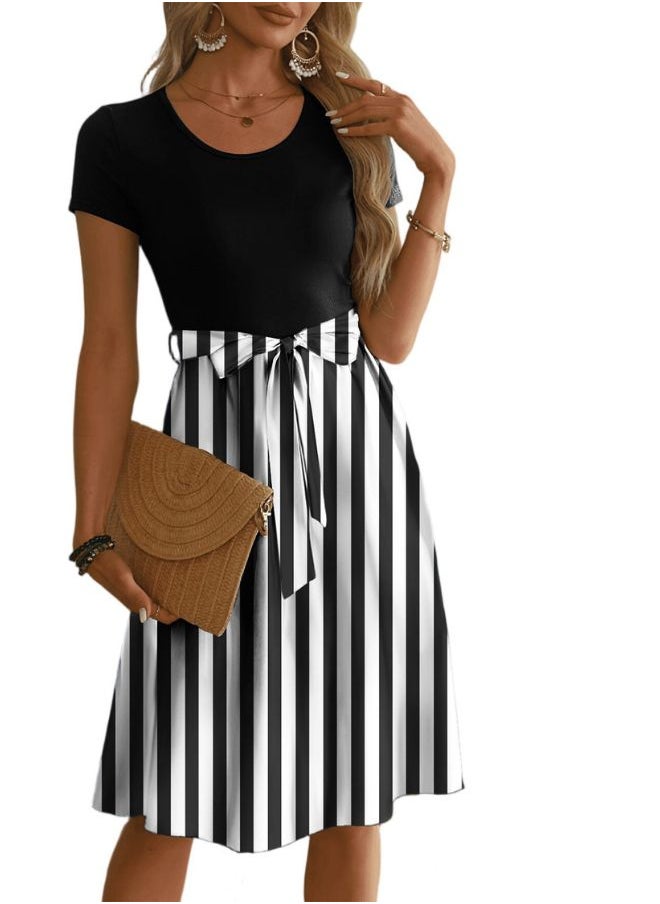 Tepveisoy Women's Fashionable Retro Patterned Printing Color Blocked Belt Casual Knee-length Dress  - Image 1