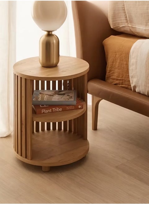 Round Slatted End Table – 2-Tier Side Table with Shelves – Natural Wood Finish – Modern Minimalist Design