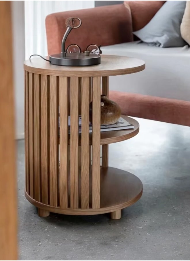 Round Slatted End Table – 2-Tier Side Table with Shelves – Natural Wood Finish – Modern Minimalist Design