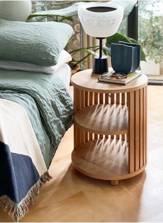 Round Slatted End Table – 2-Tier Side Table with Shelves – Natural Wood Finish – Modern Minimalist Design