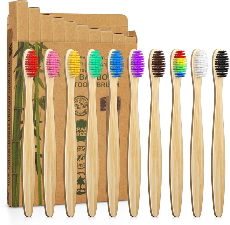 Sumshy Pack of 10 Bamboo Toothbrushes Soft, Premium Bristles of the Toothbrush for Best Cleanliness, 100% BPA-Free, Plastic-Free, Vegan, Environmentally Friendly, Recyclable, Biodegradable - Image 1