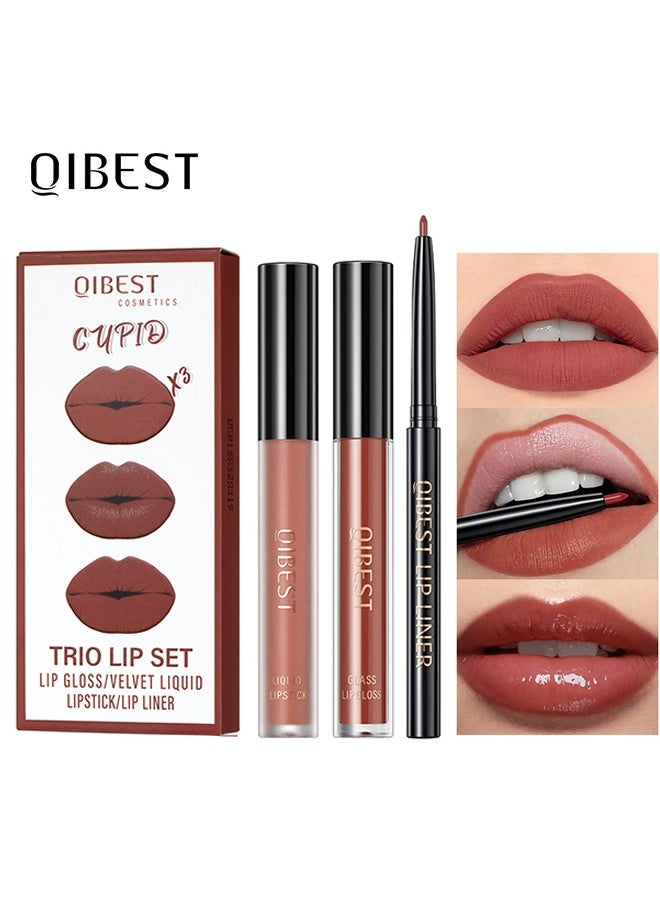 كيو آي بست مجموعة الشفاه الثلاثية محدد الشفاه ملمع الشفاه ومجموعة مكياج أحمر الشفاه السائل المخملي مجموعة محدد الشفاه غير اللامع مجموعة أحمر الشفاه السائل للماء طويل الأمد لا يتلاشى طقم أحمر الشفاه السائل للمكياج اليومي #02 - Image 1
