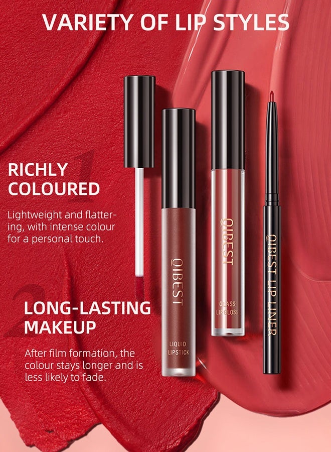 كيو آي بست مجموعة الشفاه الثلاثية محدد الشفاه ملمع الشفاه ومجموعة مكياج أحمر الشفاه السائل المخملي مجموعة محدد الشفاه غير اللامع مجموعة أحمر الشفاه السائل للماء طويل الأمد لا يتلاشى طقم أحمر الشفاه السائل للمكياج اليومي #02 - Image 3