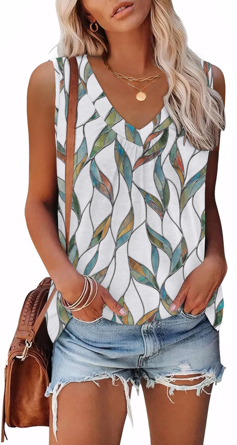 OFEEFAN Womens Tank Tops Loose Fit Summer Resort Wear for Women 2025 Oversized Graphic Tees Patterned-White Print L - Image 5