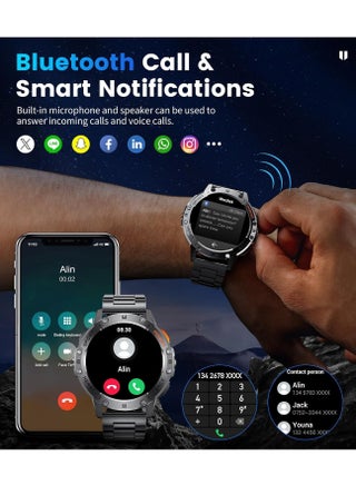 ساعات ذكية عسكرية للرجال (الرد/إجراء المكالمات) مع مصباح يدوي LED، بطارية 530 مللي أمبير في الساعة، مراقب معدل ضربات القلب/النوم 1.43 بوصة، ساعة ذكية مقاومة للماء 5ATM، 100+ أوضاع رياضية، 3 أشرطة - view 2