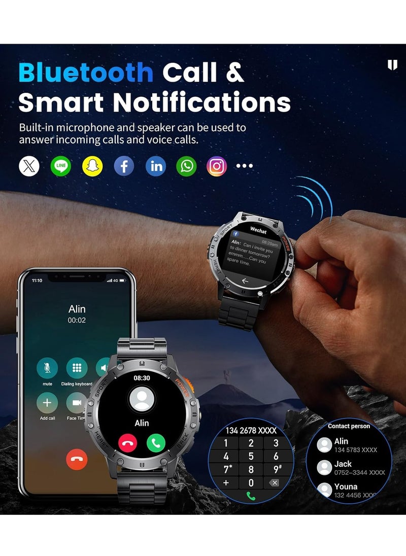 LAESO Military Smart Watches for Men(Answer/Make Calls) with LED Flashlight,530mAh Large Battery,1.43'' AMOLED Heart Rate/Sleep Monitor 5ATM Waterproof Smartwatch for Android iOS,100+Sport Modes,3 Straps  - Image 2