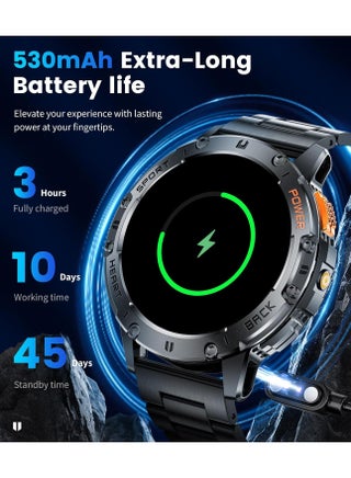 ساعات ذكية عسكرية للرجال (الرد/إجراء المكالمات) مع مصباح يدوي LED، بطارية 530 مللي أمبير في الساعة، مراقب معدل ضربات القلب/النوم 1.43 بوصة، ساعة ذكية مقاومة للماء 5ATM، 100+ أوضاع رياضية، 3 أشرطة - view 5