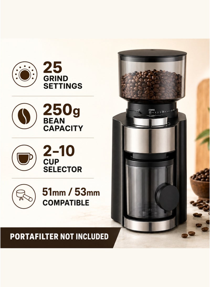 XVersion Electric Burr Coffee Grinder, 250g Bean Hopper, 25 Adjustable Grind Settings, 2–10 Cup Selector, Removable Burr and Cleaning Brush, Compatible with 51mm/53mm Portafilters – Portafilter Not Included - Image 1
