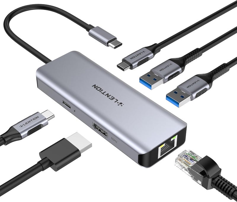 Lention 6-in-1 USB C Hub with Gigabit Ethernet, 4K@60Hz HDMI, 100W PD Fast Charging, 3X USB 3.0 Docking Station for MacBook Pro/Air, Dell XPS, HP and More, Aluminum USB-C Adapter (C26, Space Gray) - Image 1