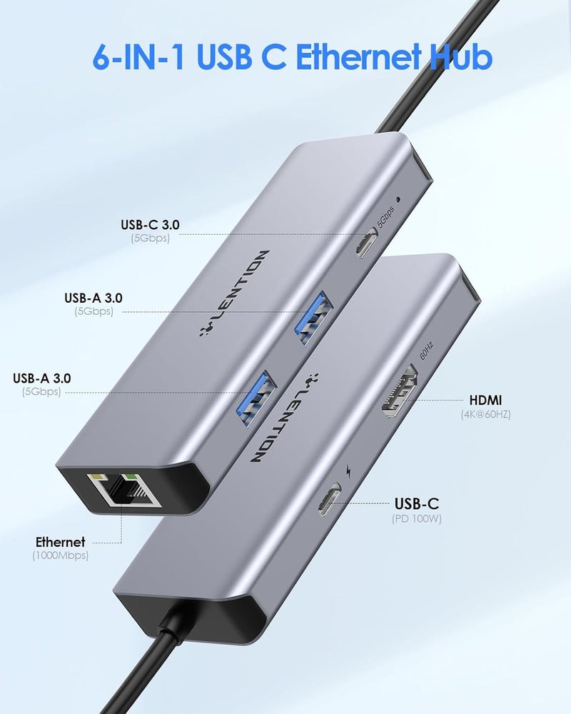 Lention 6-in-1 USB C Hub with Gigabit Ethernet, 4K@60Hz HDMI, 100W PD Fast Charging, 3X USB 3.0 Docking Station for MacBook Pro/Air, Dell XPS, HP and More, Aluminum USB-C Adapter (C26, Space Gray) - Image 2