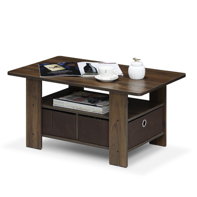Furinno Andrey Coffee Table with Bin Drawer, Columbia Walnut/Dark Brown - Image 1