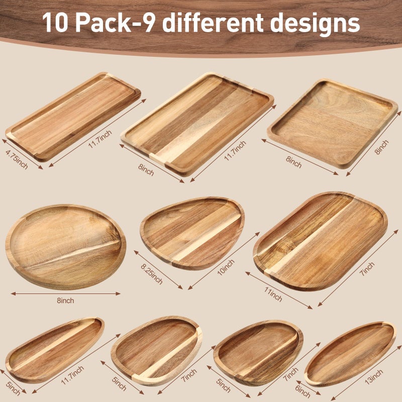 Willinglong Set of 10 Acacia Wood Serving Platter and Trays Multi Shape Wood Plates Serving Tray Acacia Wooden Charcuterie Board for Cookie Dessert Coffee Wedding Housewarming Gift(Classic Style) - Image 2