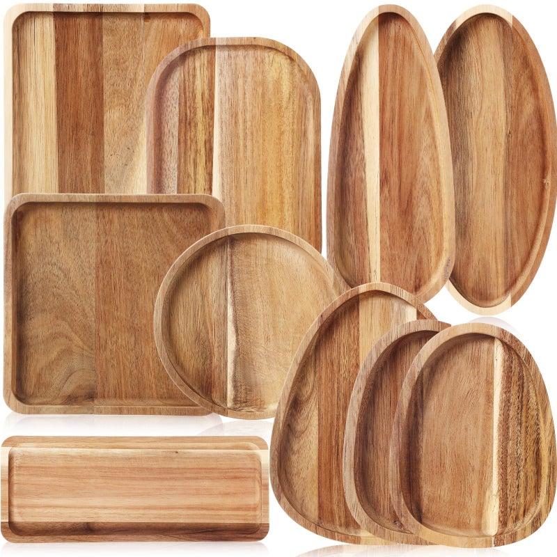 Willinglong Set of 10 Acacia Wood Serving Platter and Trays Multi Shape Wood Plates Serving Tray Acacia Wooden Charcuterie Board for Cookie Dessert Coffee Wedding Housewarming Gift(Classic Style) - Image 1