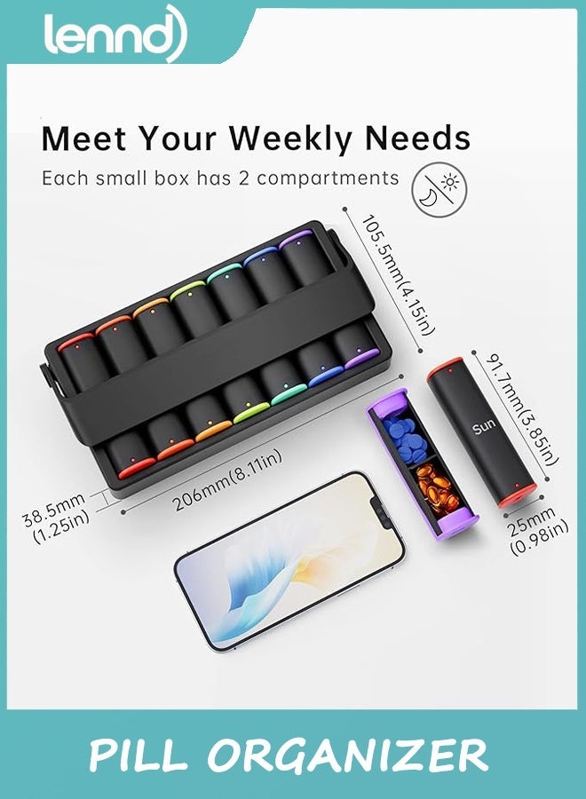 لينند منظم حبوب أسبوعي مرتين يوميًا، صندوق حبوب سفر كبير، 7 أيام، علبة حبوب صباحًا ومساءً مرتين يوميًا بمقبض دوار، حامل حبوب أسبوعي لمكملات الفيتامينات وزيت السمك، أسود - Image 1