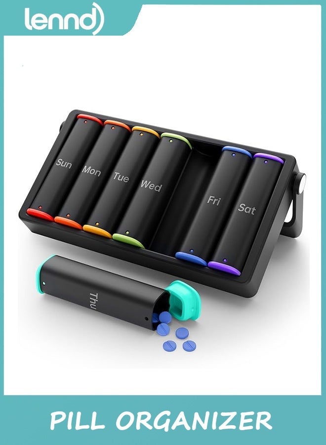 لينند منظم حبوب أسبوعي مرتين يوميًا، صندوق حبوب سفر كبير، 7 أيام، علبة حبوب صباحًا ومساءً مرتين يوميًا بمقبض دوار، حامل حبوب أسبوعي لمكملات الفيتامينات وزيت السمك، أسود - Image 2