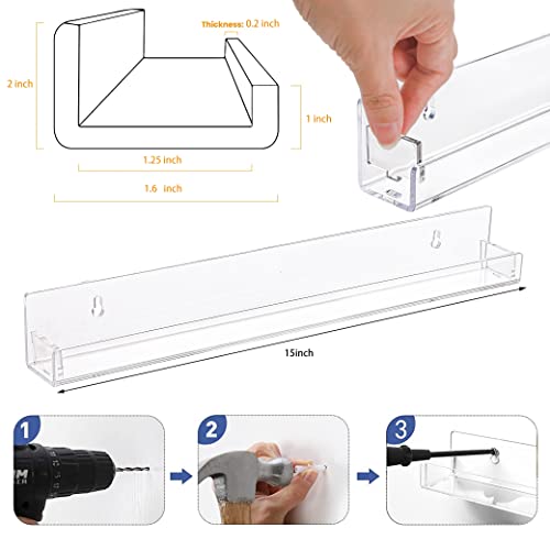 Baosia 2 Pack Clear Nail Polish Rack Wall Mounted,15 inch Invisible Acrylic Floating Bookshelf,Small Toy Storage Wall Shelf Modern Picture Ledge Vinyl Record Display Shelf Holder - Image 2
