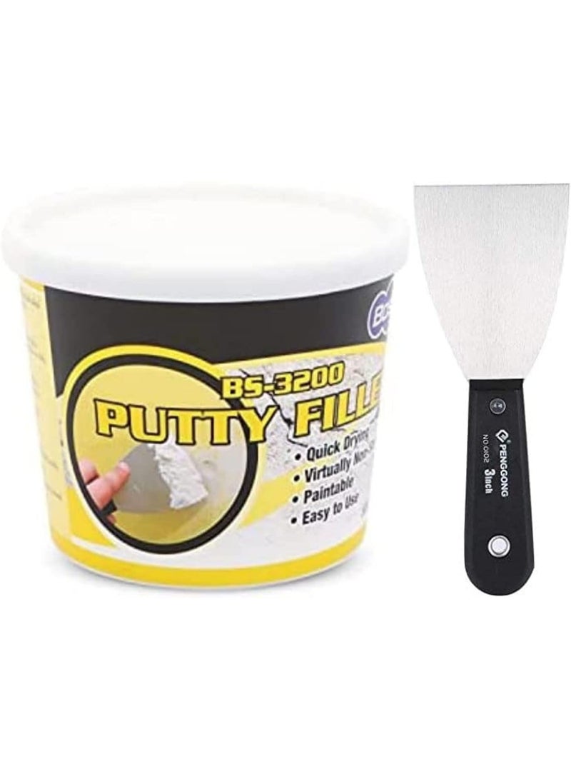 BOSSIL All-Purpose Putty, Putty Filler, Spackling for Drywall, Quick Drying, Designed for Interior and Exterior Home Use, Paintable, Permanent, Non-Shrinking, 500g & 2" Wall Scrapper