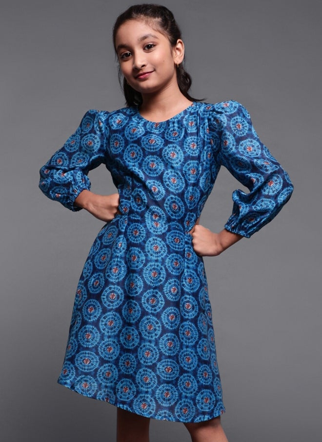 AKS Blue Tie & Dye A-Line Dress for Girls - Image 1