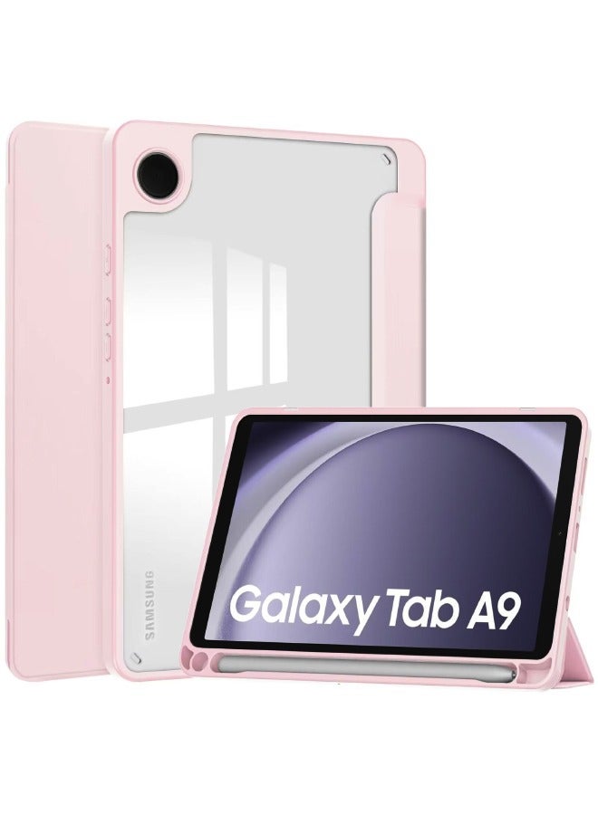 Samsung Galaxy Tab A9 Case, Galaxy Tab A9 Cover with Pencil Holder, Auto Wake Sleep, Clear Acrylic Back, Trifold Flip Slim Leather Durable Shockproof Case for Samsung Galaxy Tab A9 8.7 inch (Pink)  - Image 1
