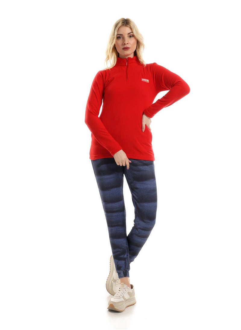 Andora - Zipper Closure Long Sleeves Plain Sweater - Red - Image 1