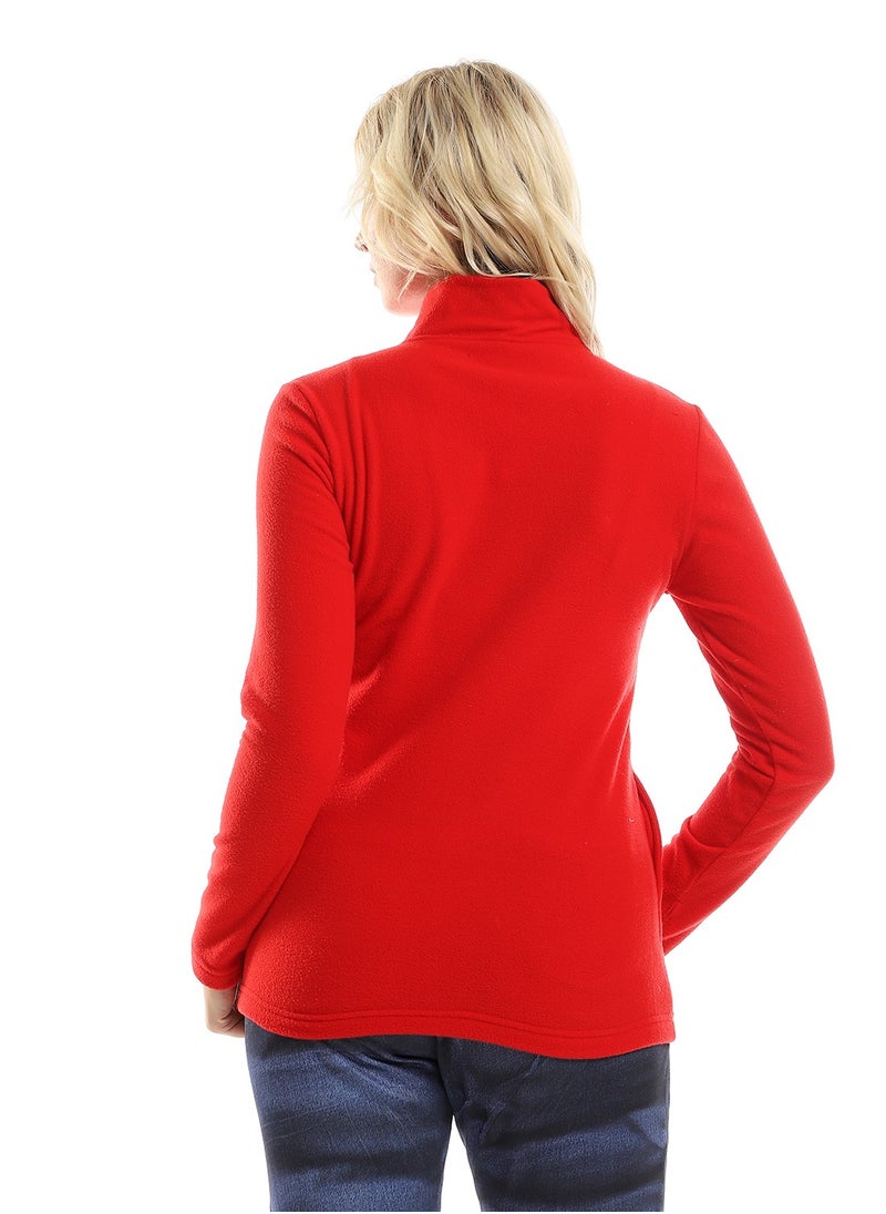 Andora - Zipper Closure Long Sleeves Plain Sweater - Red - Image 1