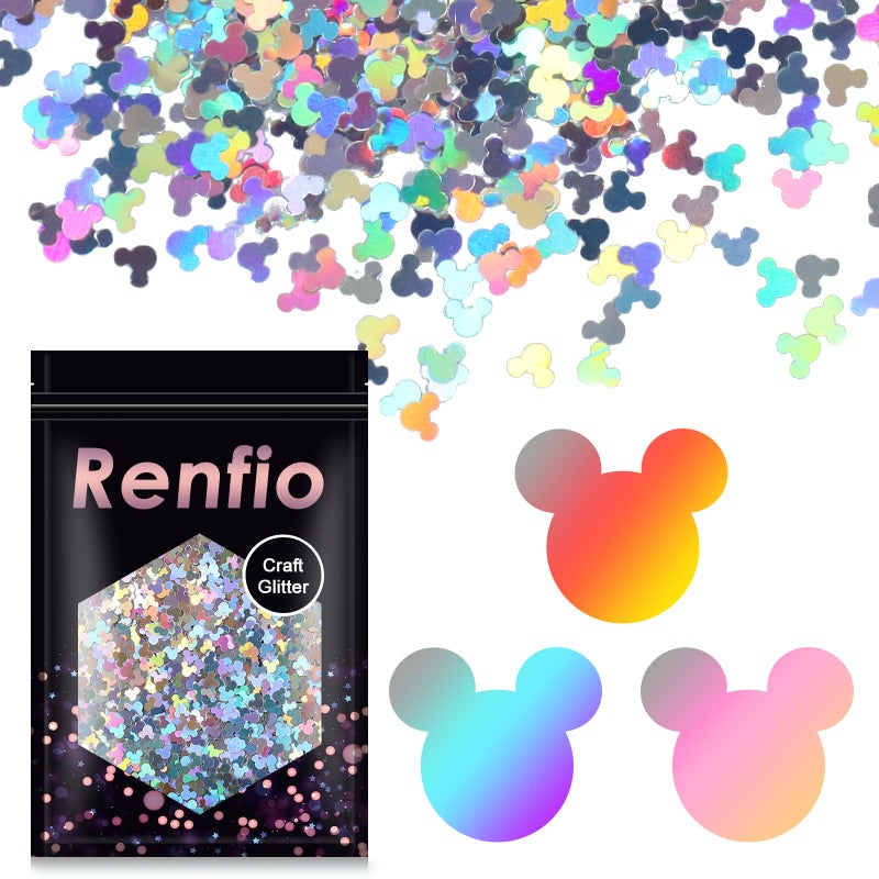 Renfio 1.75 Oz 50g Holographic Mickey Mouse Confetti Glitter Mickey Mouses Shape Shiny Sequin Glitters Resin Sparkle Chunky Sequins for DIY Mold Art Nail Artwork Holiday Decoration - Laser Silver - Image 1